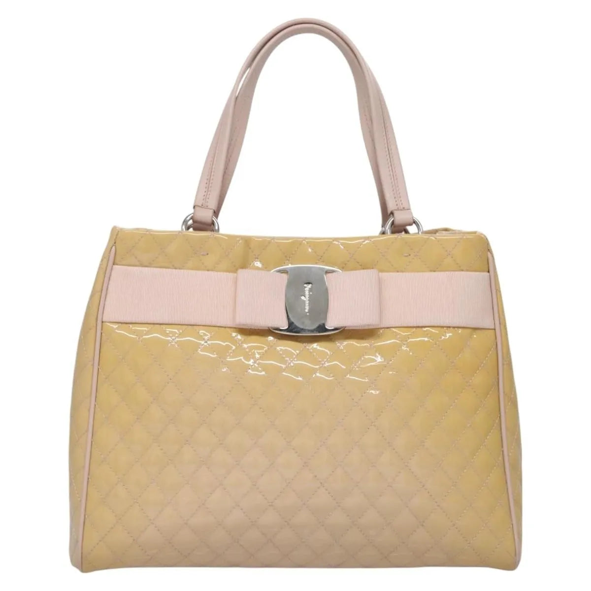 Salvatore Ferragamo Vala Patent Leather Beige Patent_Leather Handbag (Pre-Owned)