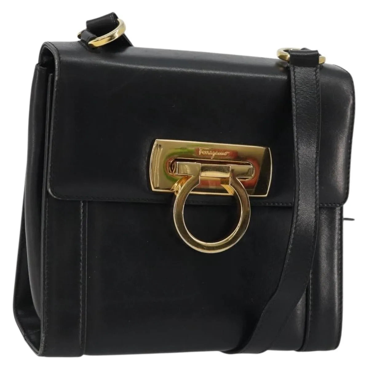 Salvatore Ferragamo Gancini Flap Leather Black Leather Shoulder Bag Bag (Pre-Owned)