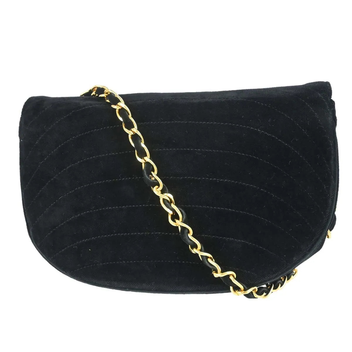 Chanel Vintage Crescent Flap Horizontal Quilted Velvet Black Velvet Shoulder Bag Bag (Pre-Owned)