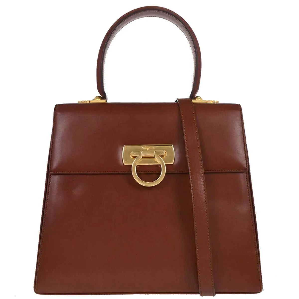 Salvatore Ferragamo Gancini Convertible Top Handle Leather Brown Leather Handbag (Pre-Owned)