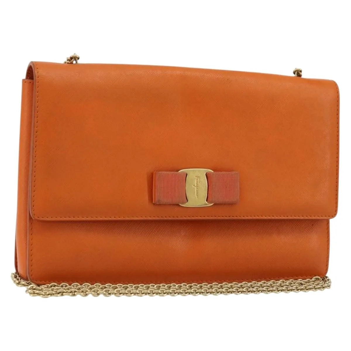 Salvatore Ferragamo Vara Bow Chain Clutch Leather Orange Leather Shoulder Bag Bag (Pre-Owned)