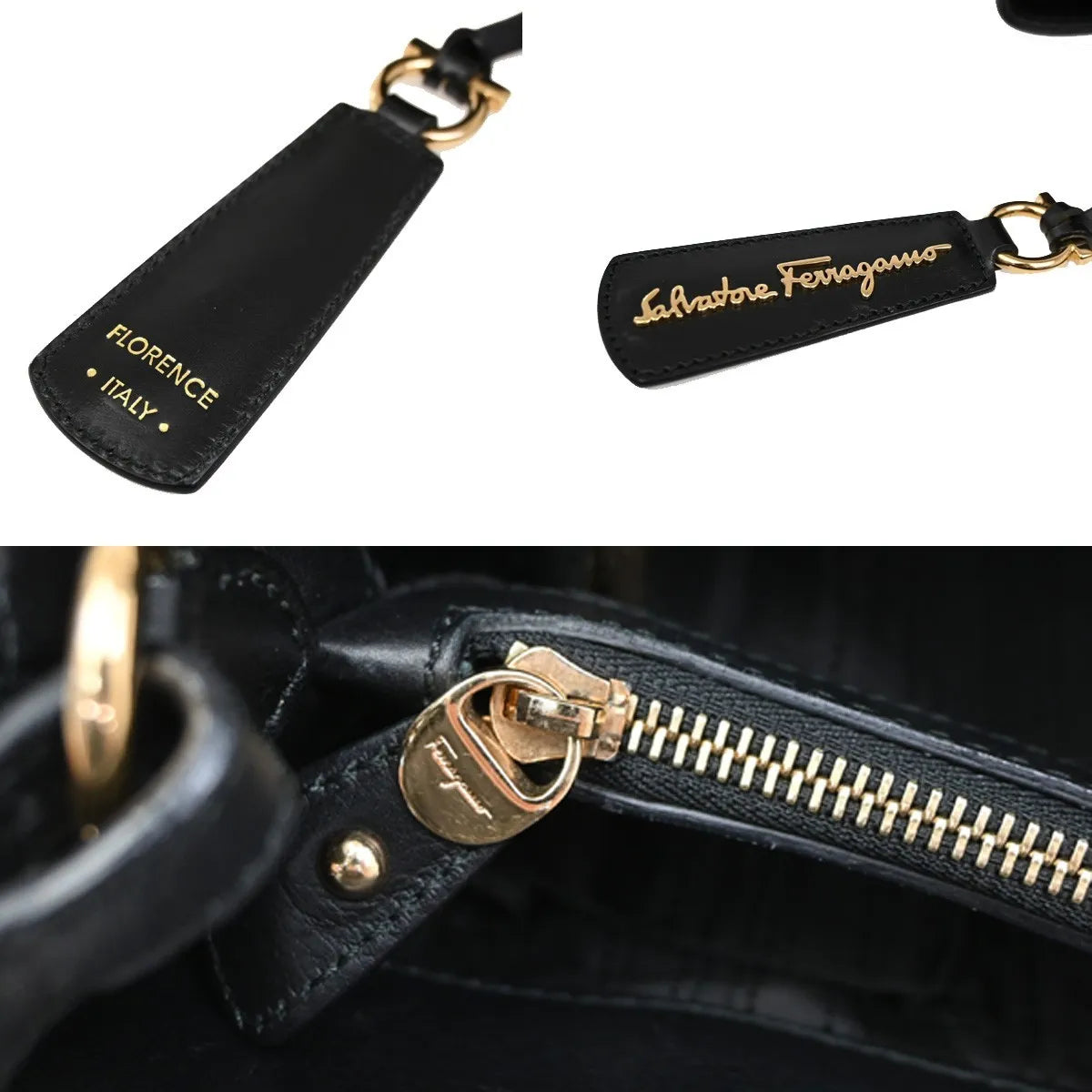 Salvatore Ferragamo Gancini Tote Leather Black Leather Tote Bag Bag (Pre-Owned)