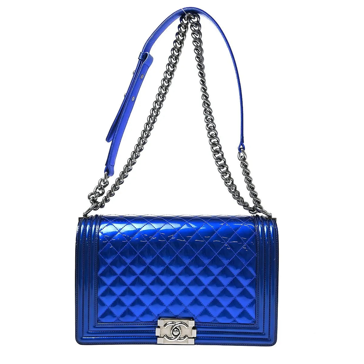 Chanel Boy Flap Quilted Patent Blue Patent_Leather Shoulder Bag Bag (Pre-Owned)