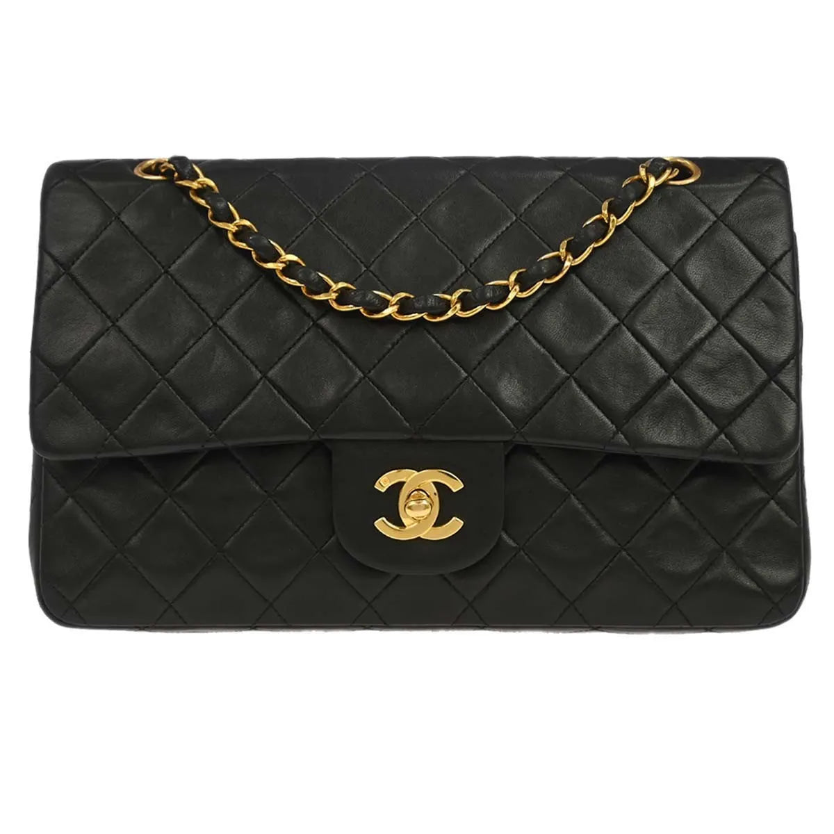 Chanel Vintage Square Classic Single Flap Quilted Lambskin Black Leather Handbag (Pre-Owned)