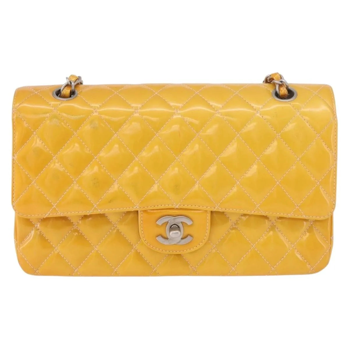 Chanel Timeless - Classic Double Flap Quilted Patent Yellow Patent_Leather Shoulder Bag Bag (Pre-Owned)