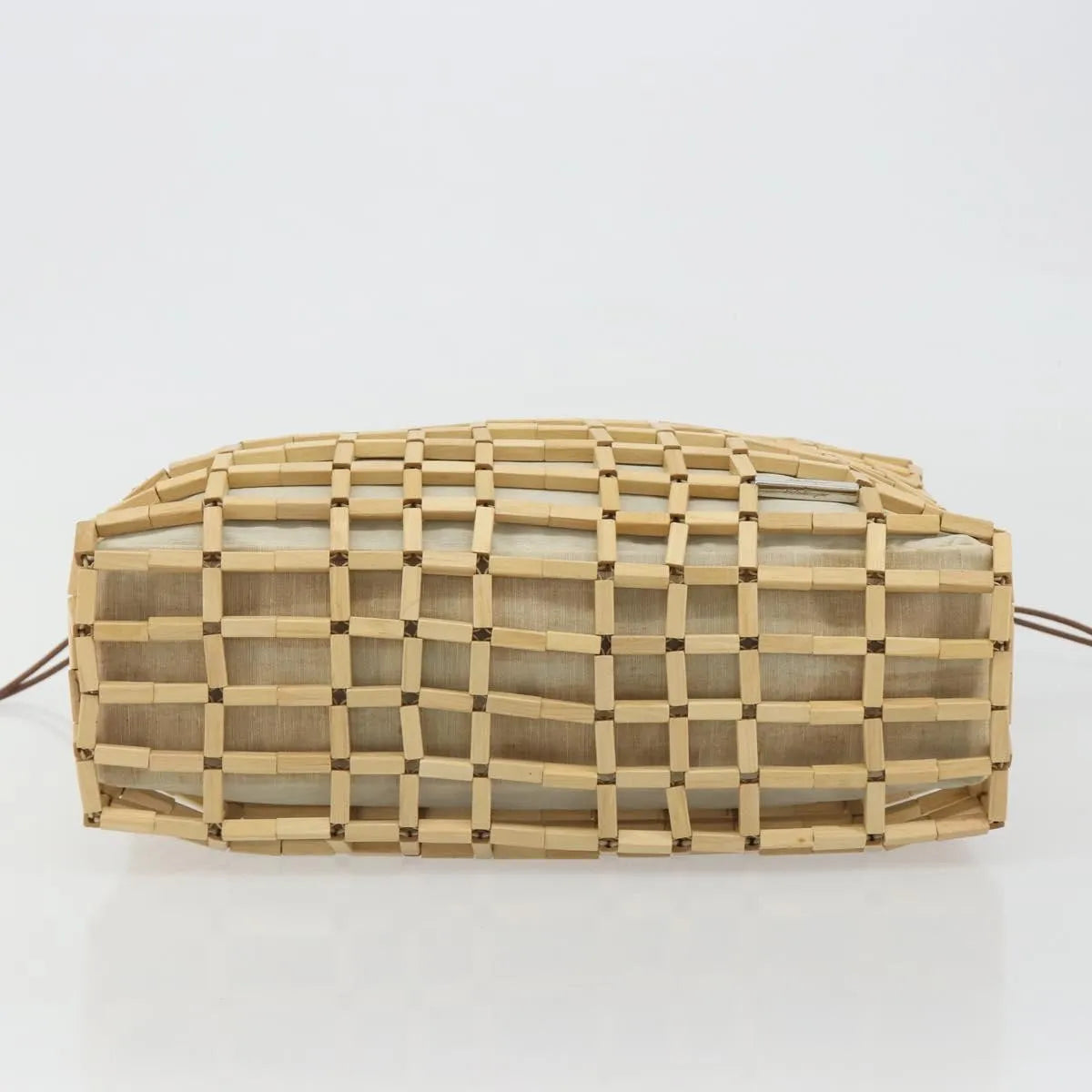 Salvatore Ferragamo Wood Mesh Drawstring Canvas Beige Canvas Handbag (Pre-Owned)