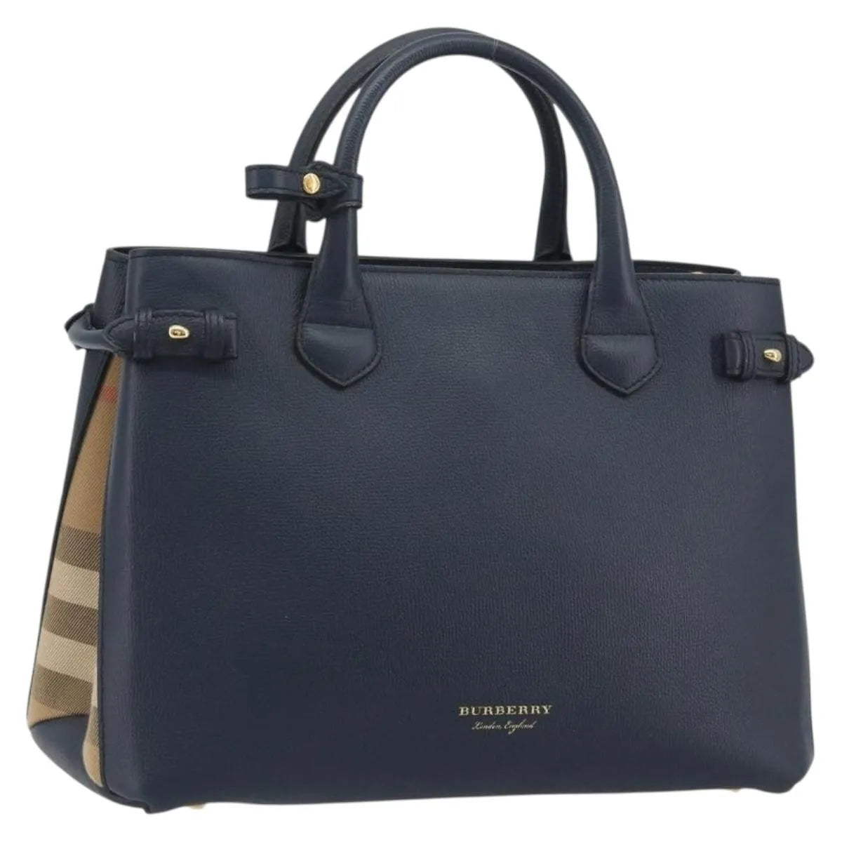 Burberry Banner Tote Leather And House Check Canvas Navy Leather Handbag (Pre-Owned)