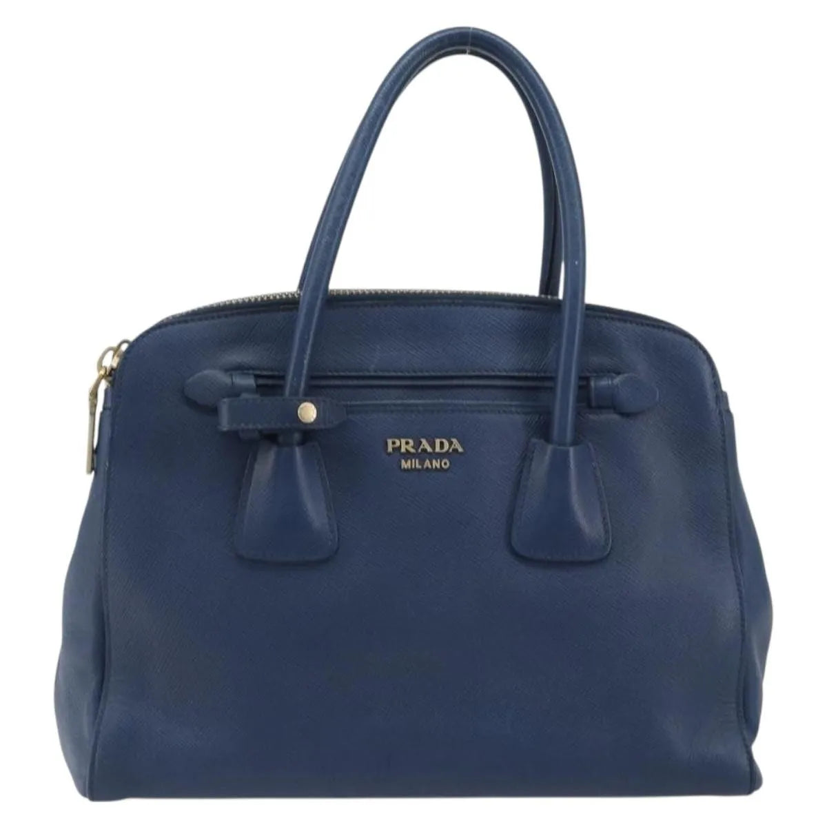 Prada Cuir Frame Double Zip Tote Saffiano Leather Blue Leather Tote Bag Bag (Pre-Owned)