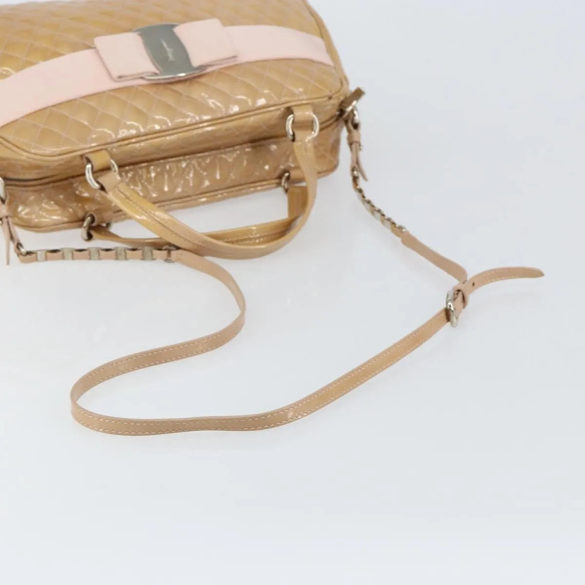 Salvatore Ferragamo Vala Patent Leather Beige Patent_Leather Handbag (Pre-Owned)