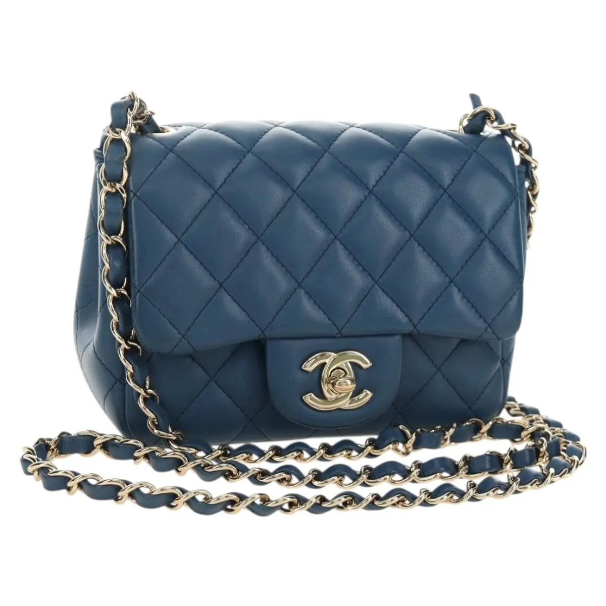 Chanel Square Classic Single Flap Quilted Lambskin Blue Leather Handbag (Pre-Owned)