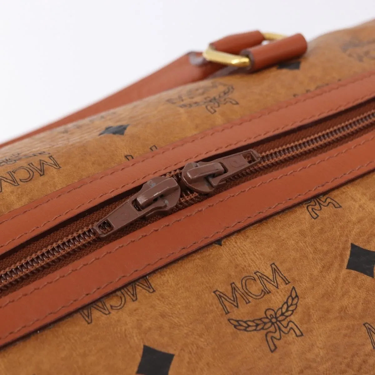 MCM Vicetos Logogram Boston Brown Leather Travel Bag Bag (Pre-Owned)