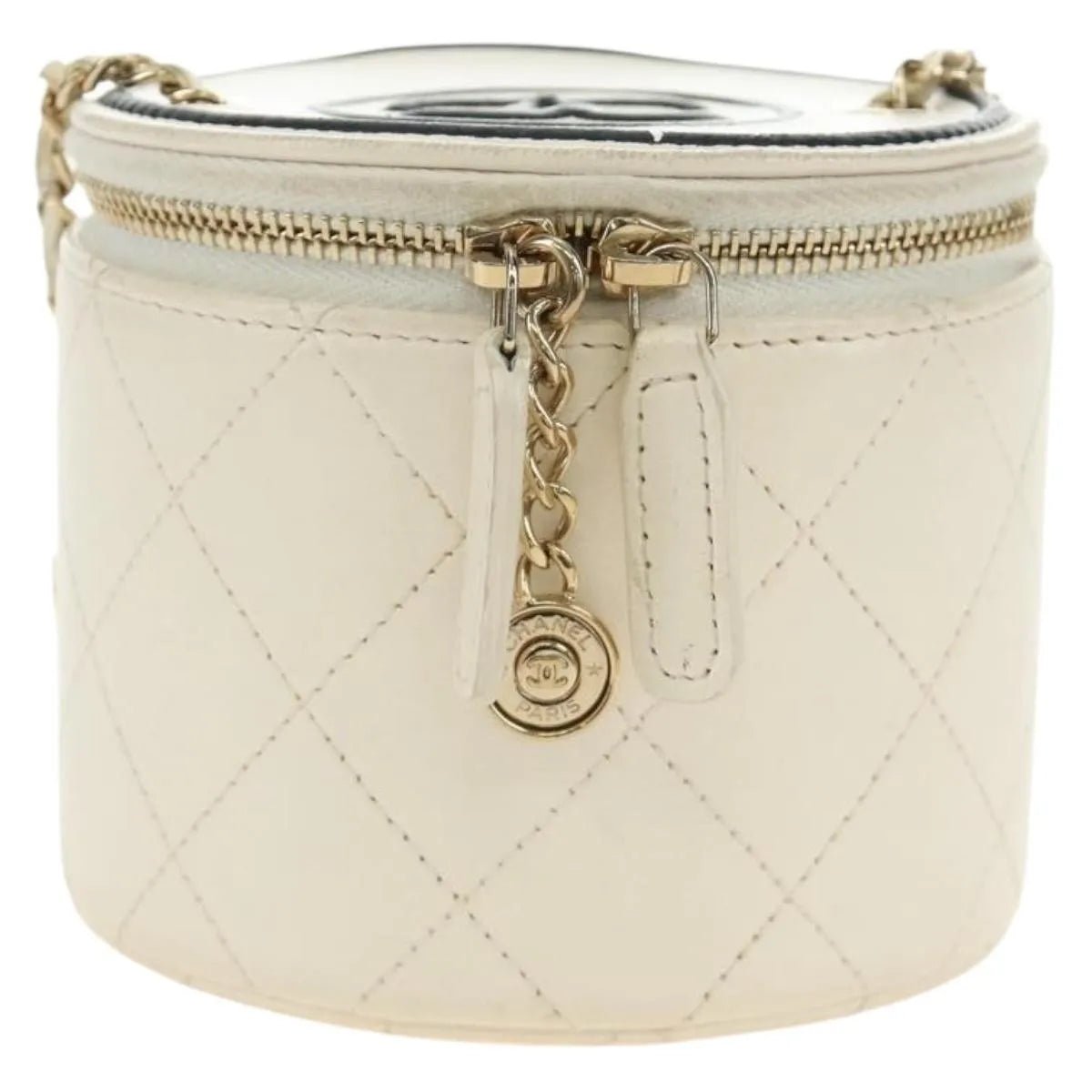 Chanel Cc Round Vanity Case With Chain Quilted Lambskin White Leather Shoulder Bag Bag (Pre-Owned)
