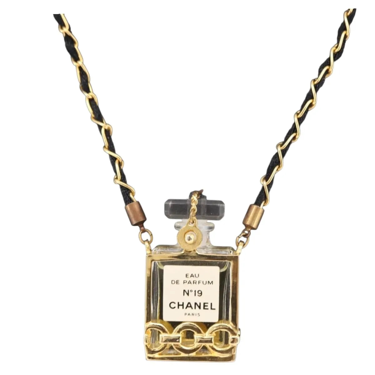 Chanel Cc Perfume Bottle Pendant Chain Long Metal With Leather, Crystals And Faux Pearl Gold Metal Necklace Jewelry (Pre-Owned)