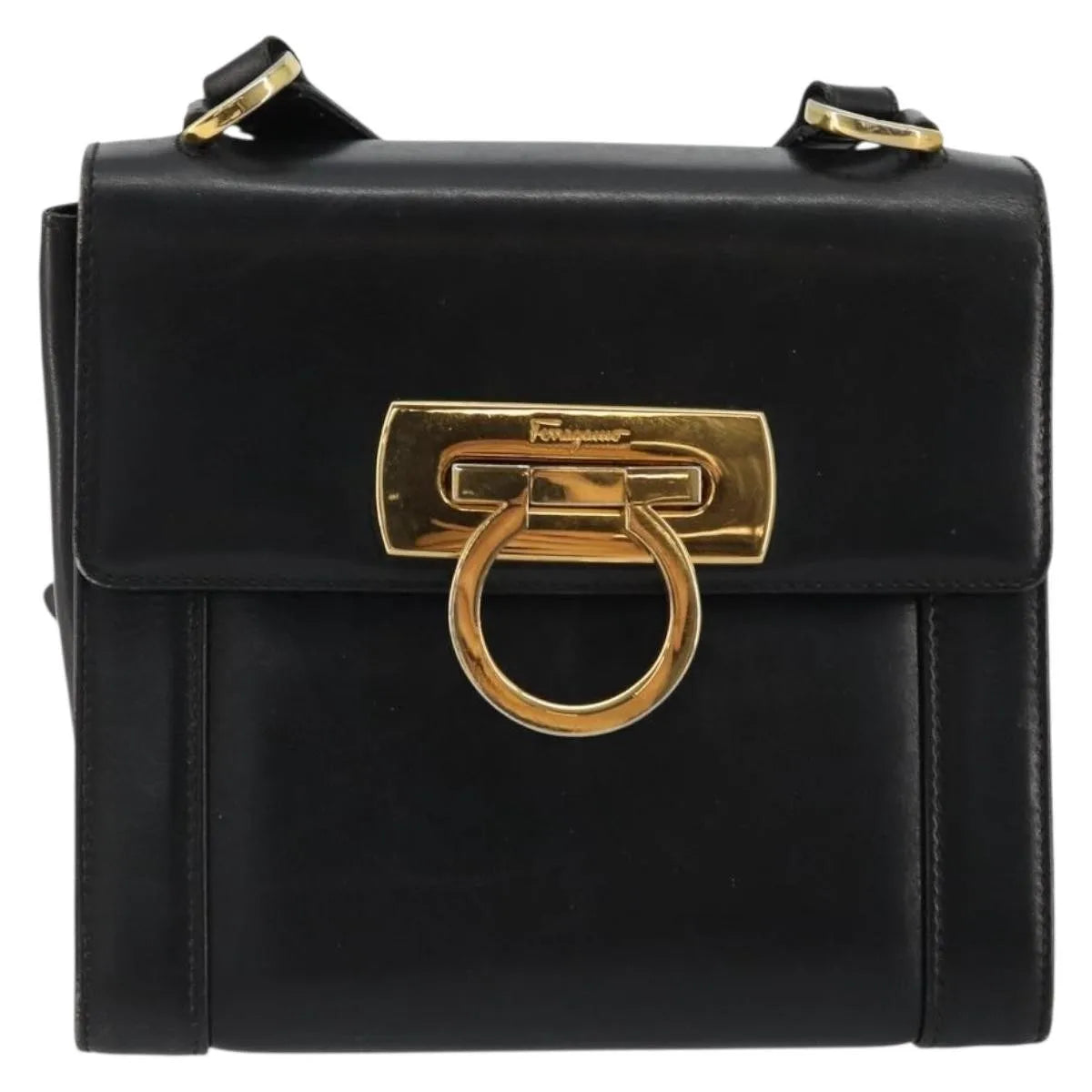 Salvatore Ferragamo Gancini Flap Leather Black Leather Shoulder Bag Bag (Pre-Owned)