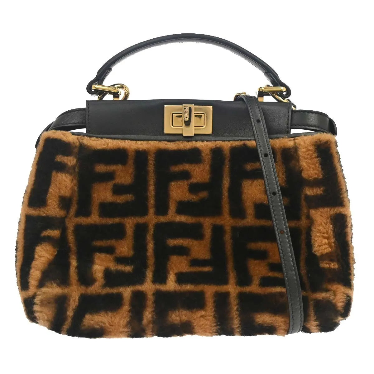 Fendi Peekaboo Zucca Shearling Brown Fur Handbag (Pre-Owned)