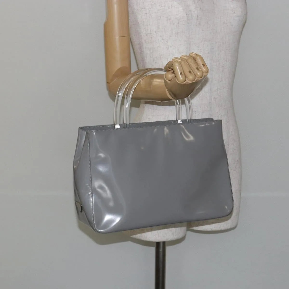 Prada Resin Handle Tote Patent Leather Gray Patent_Leather Tote Bag Bag (Pre-Owned)