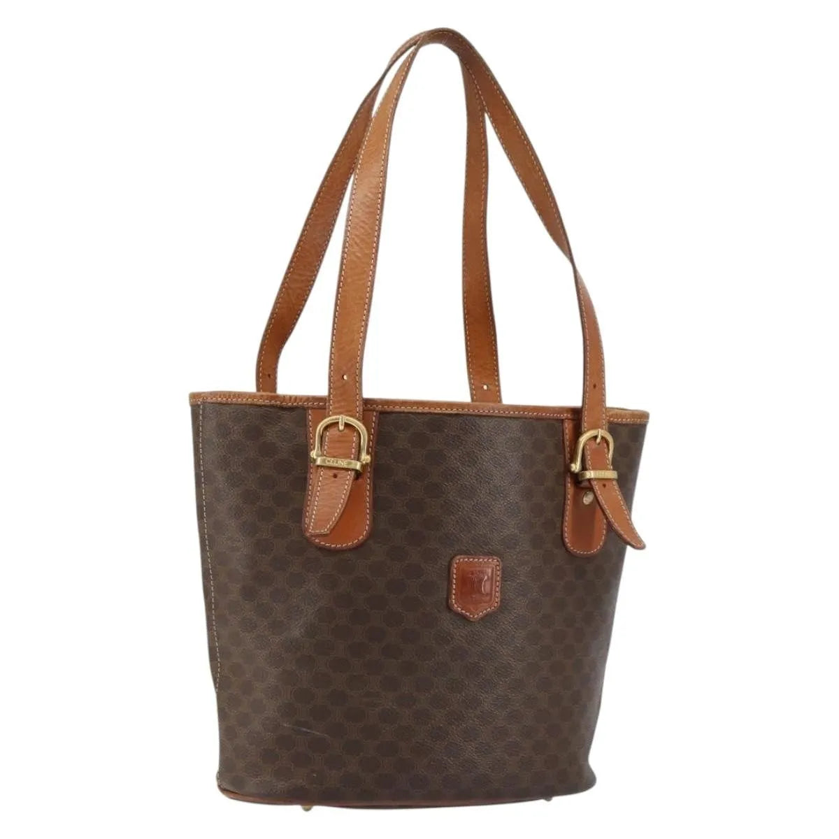 Celine Vintage Macadam Shopper Tote Canvas And Leather Brown Canvas Tote Bag Bag (Pre-Owned)