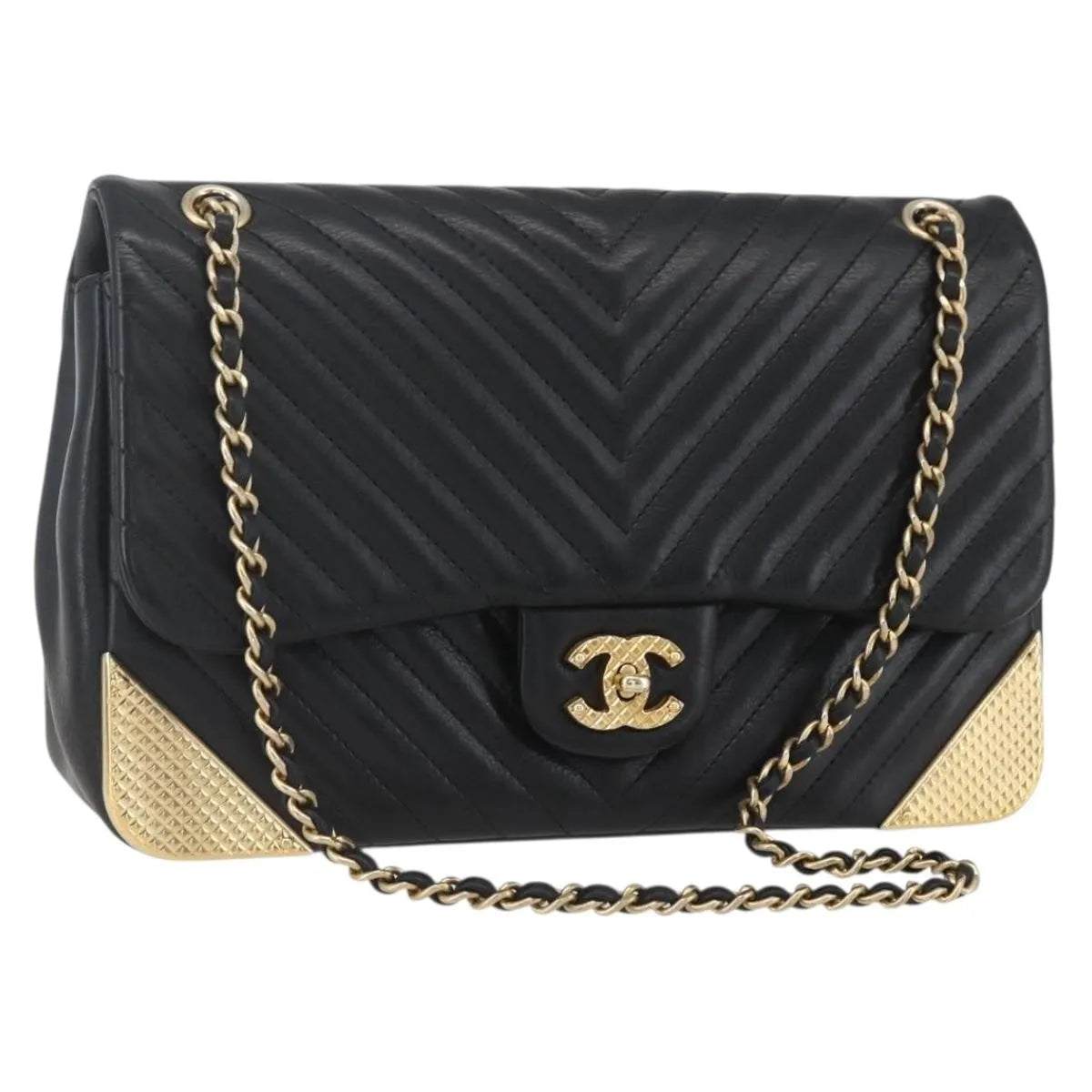 Chanel Double Chevron Flap Quilted Leather Black Leather Shoulder Bag Bag (Pre-Owned)