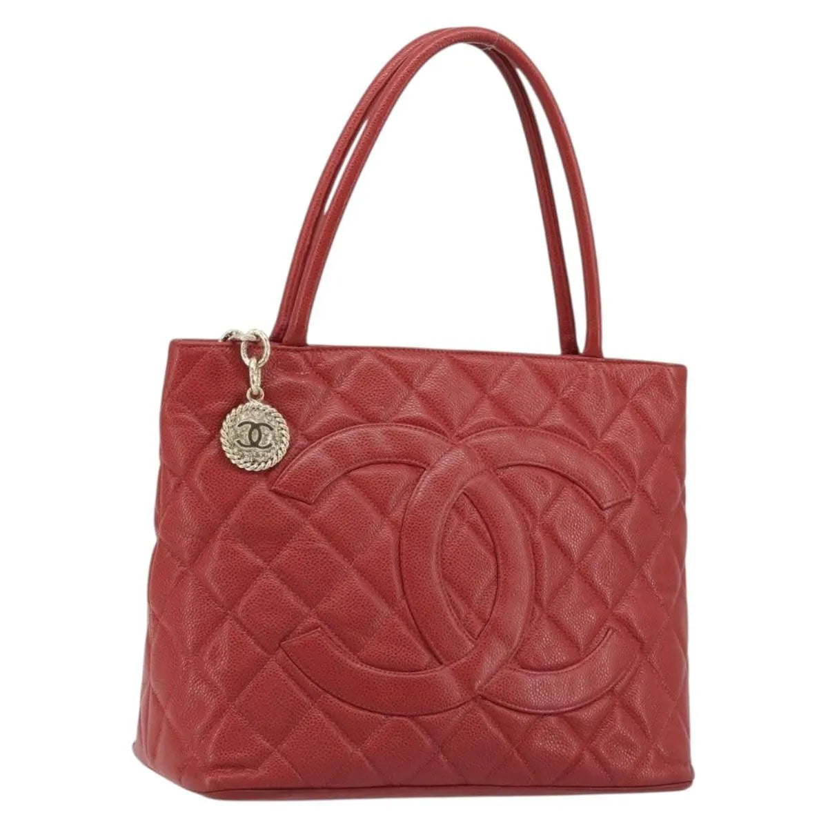 Chanel Medallion Tote Quilted Caviar Red Leather Tote Bag Bag (Pre-Owned)
