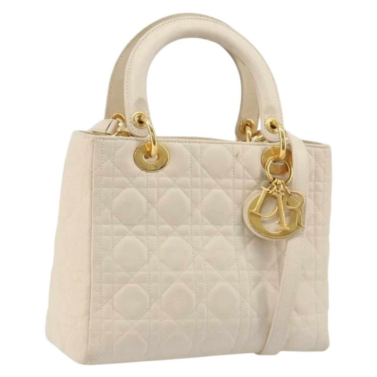Christian Dior Lady Dior Cannage Quilt Lambskin White Leather Handbag (Pre-Owned)