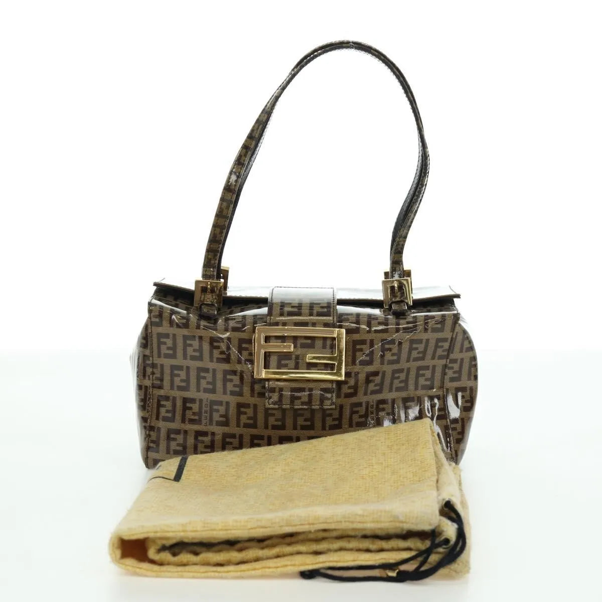 Fendi Mamma Baguette Zucca Patent Leather Brown Canvas Shoulder Bag Bag (Pre-Owned)