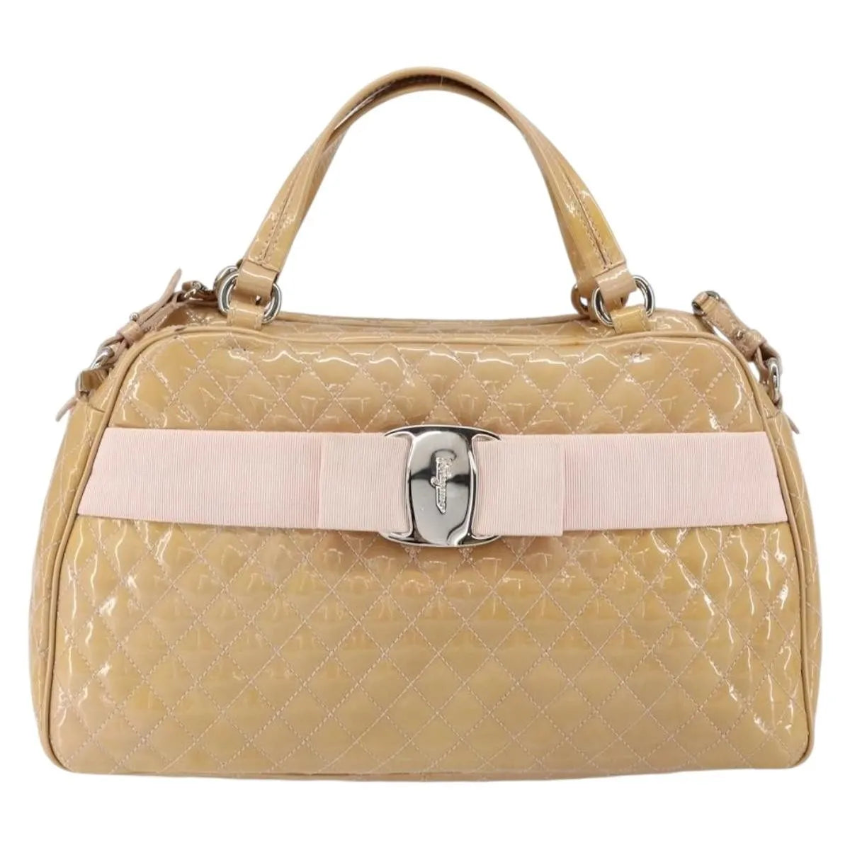 Salvatore Ferragamo Vala Patent Leather Beige Patent_Leather Handbag (Pre-Owned)