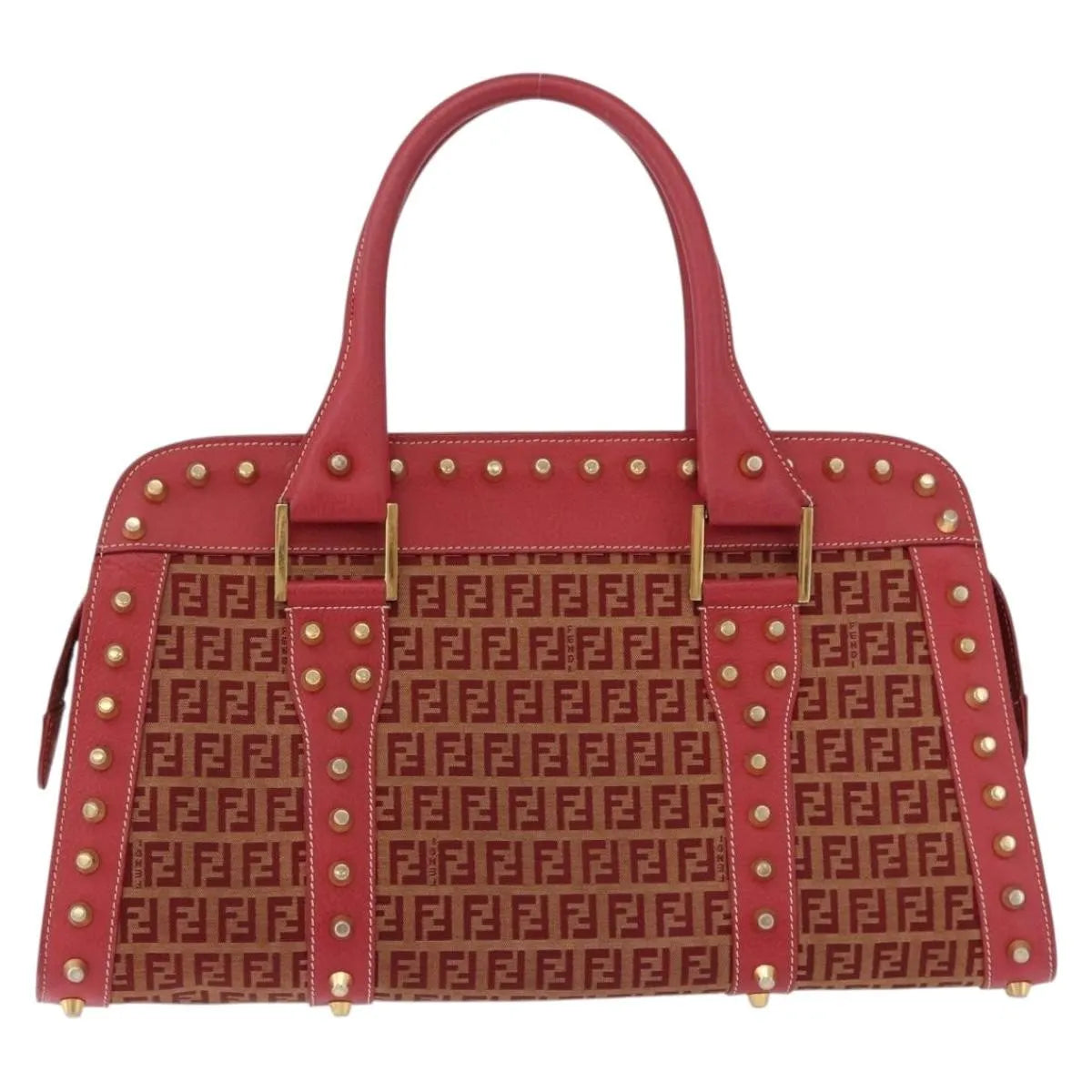 Fendi Studded Handle Canvas Red Canvas Handbag (Pre-Owned)