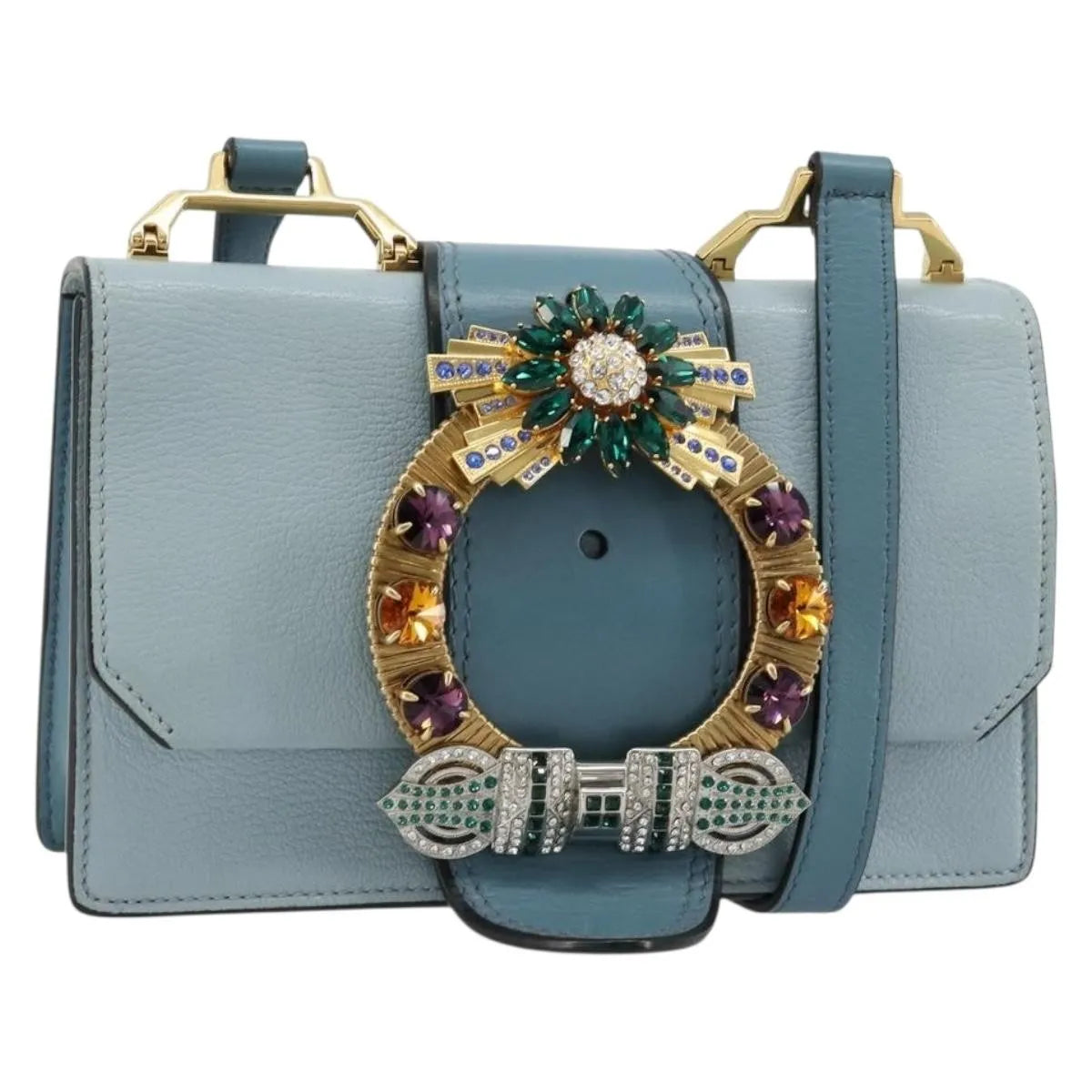 Miu Miu Madras Crystal Buckle Leather Blue Leather Shoulder Bag Bag (Pre-Owned)