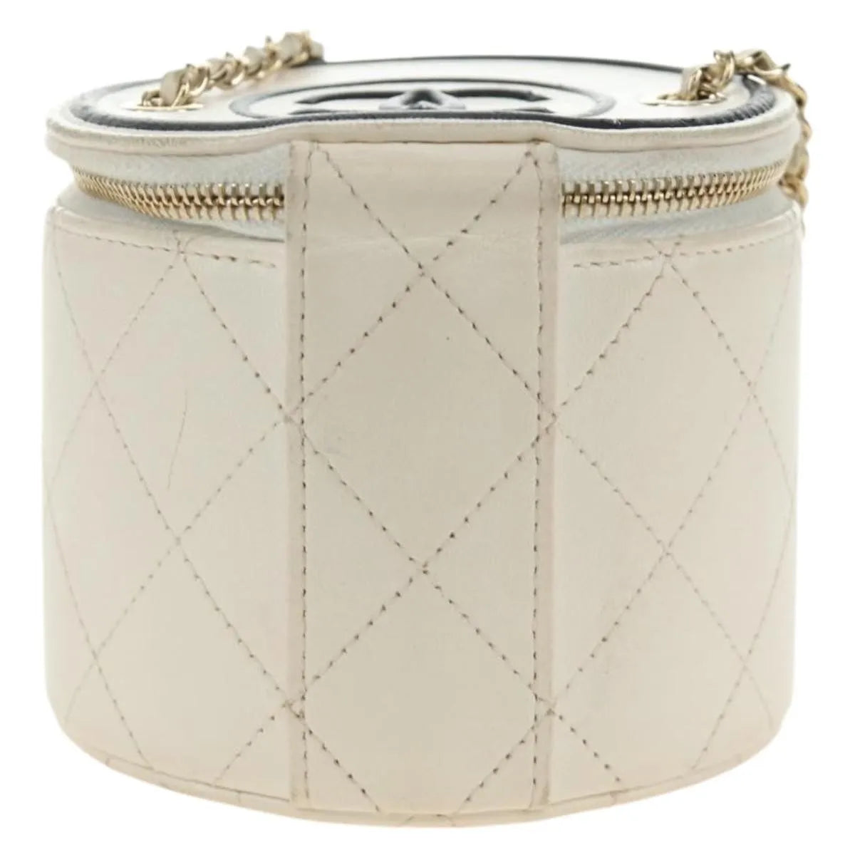 Chanel Cc Round Vanity Case With Chain Quilted Lambskin White Leather Shoulder Bag Bag (Pre-Owned)