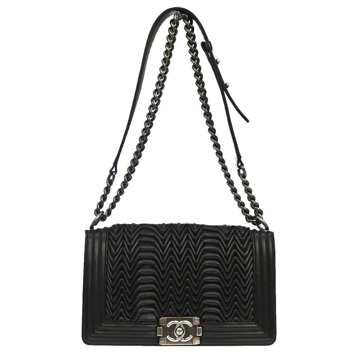 Chanel Boy Flap 3D Pleated Leather Black Leather Shoulder Bag Bag (Pre-Owned)
