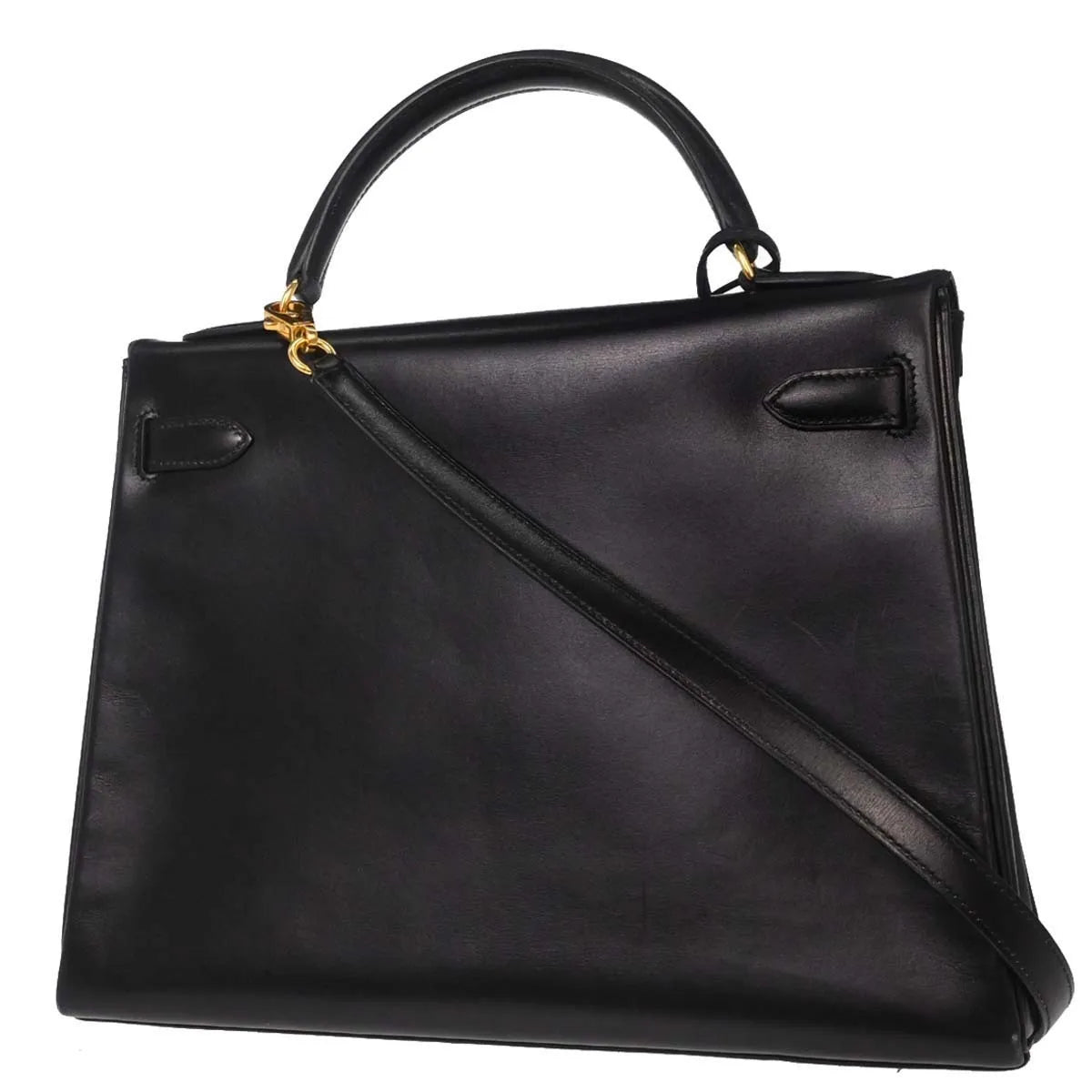 Hermes Kelly Black Box Calf With Gold Hardware Black Leather Handbag (Pre-Owned)