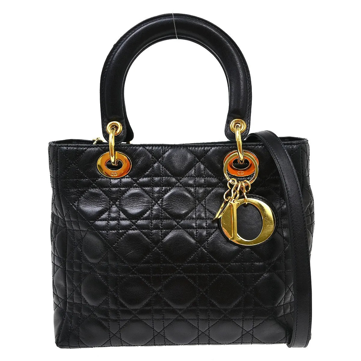 Christian Dior Lady Dior Cannage Quilt Lambskin Black Leather Handbag (Pre-Owned)