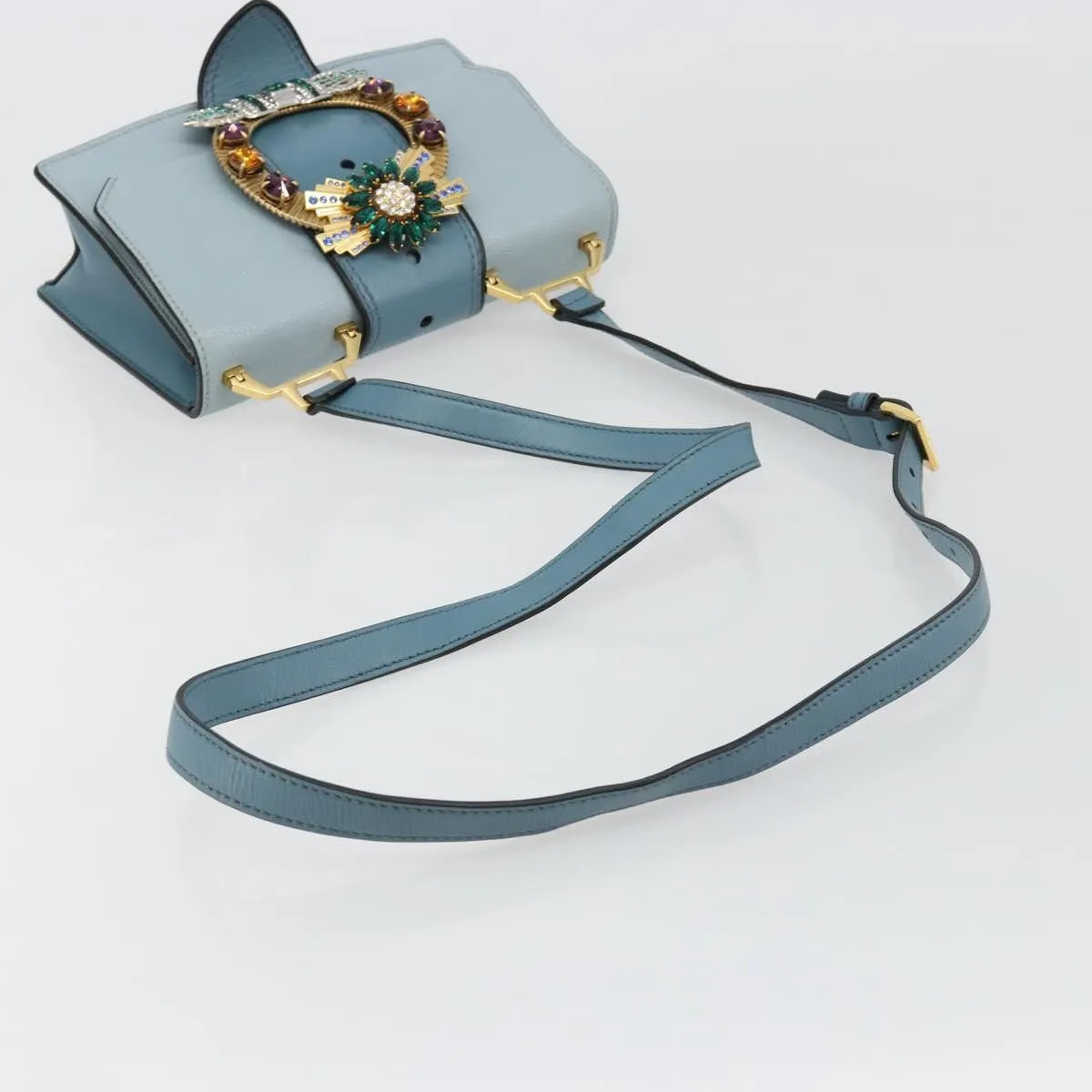 Miu Miu Madras Crystal Buckle Leather Blue Leather Shoulder Bag Bag (Pre-Owned)