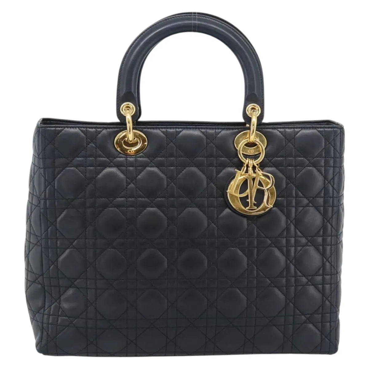 Christian Dior Lady Dior Cannage Quilt Lambskin Black Leather Handbag (Pre-Owned)