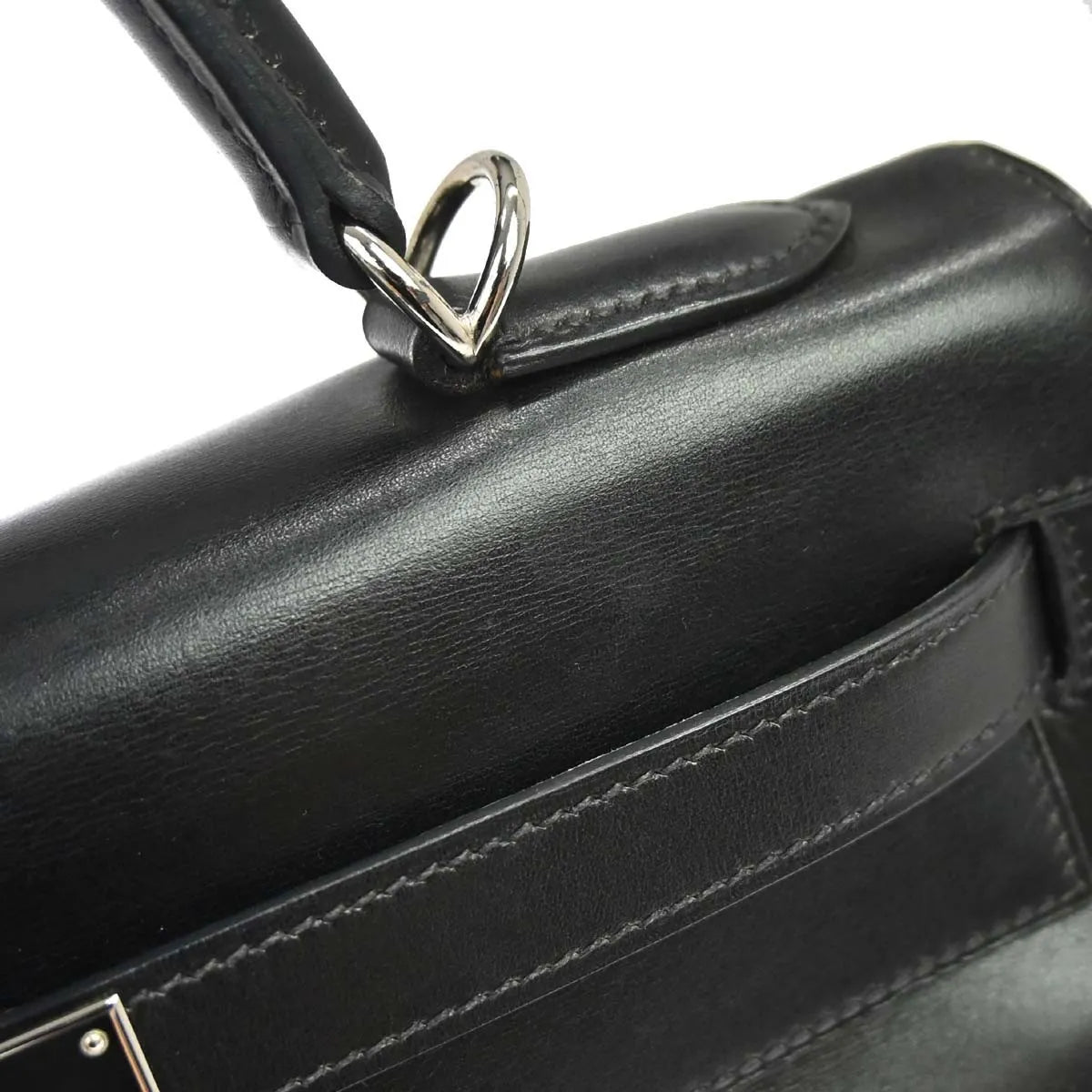 Hermes Kelly Handbag Black Box Calf With Palladium Hardware Black Leather Handbag (Pre-Owned)