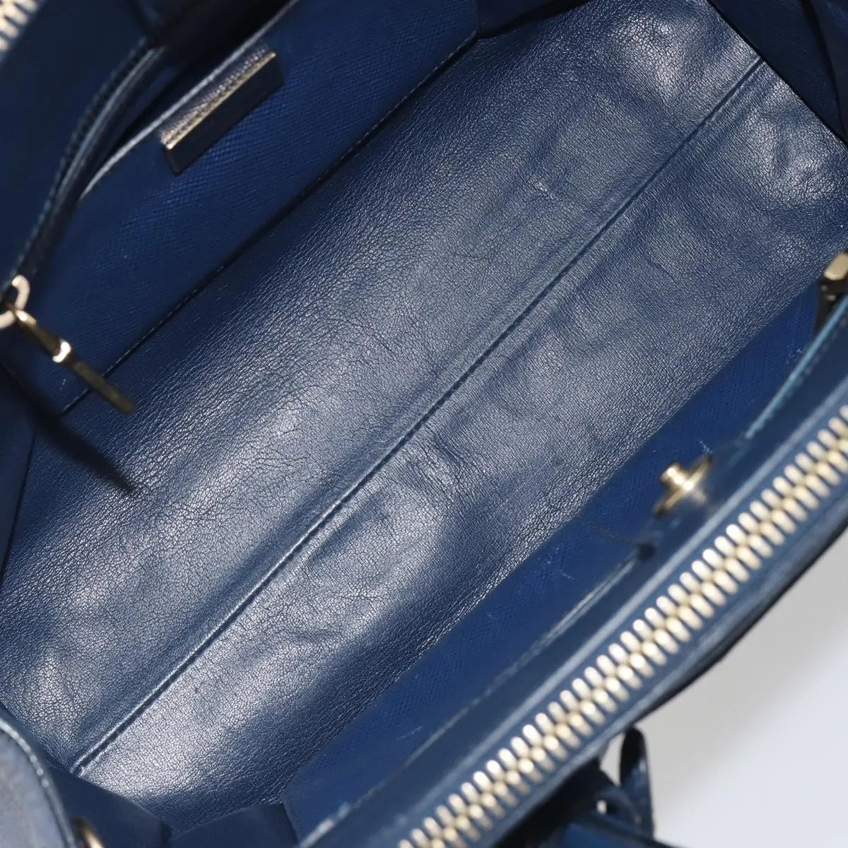 Prada Cuir Frame Double Zip Tote Saffiano Leather Blue Leather Tote Bag Bag (Pre-Owned)
