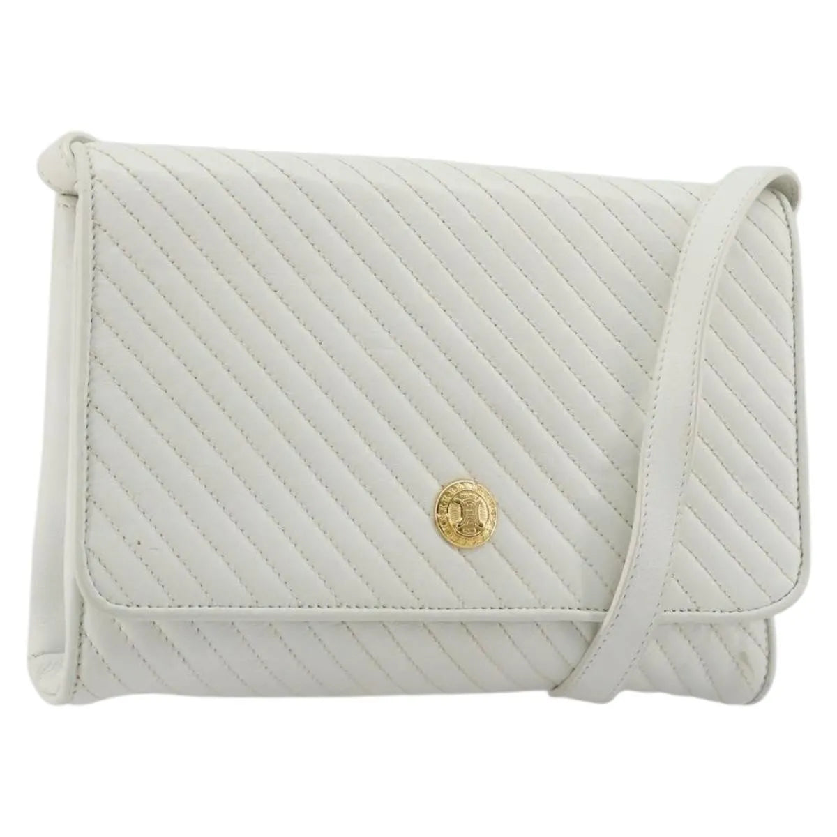 Celine Vintage Flap Quilted Leather White Leather Shoulder Bag Bag (Pre-Owned)