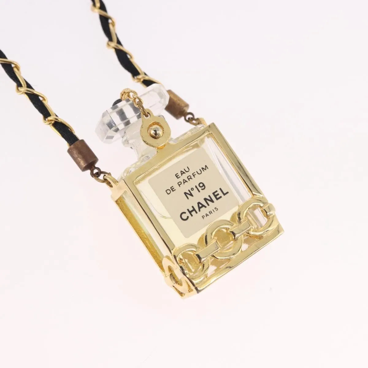 Chanel Cc Perfume Bottle Pendant Chain Long Metal With Leather, Crystals And Faux Pearl Gold Metal Necklace Jewelry (Pre-Owned)