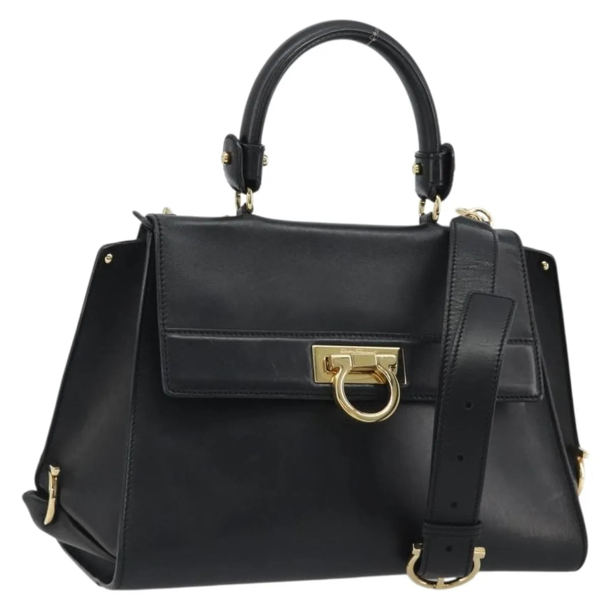 Salvatore Ferragamo Sofia Satchel Smooth Leather Black Leather Handbag (Pre-Owned)