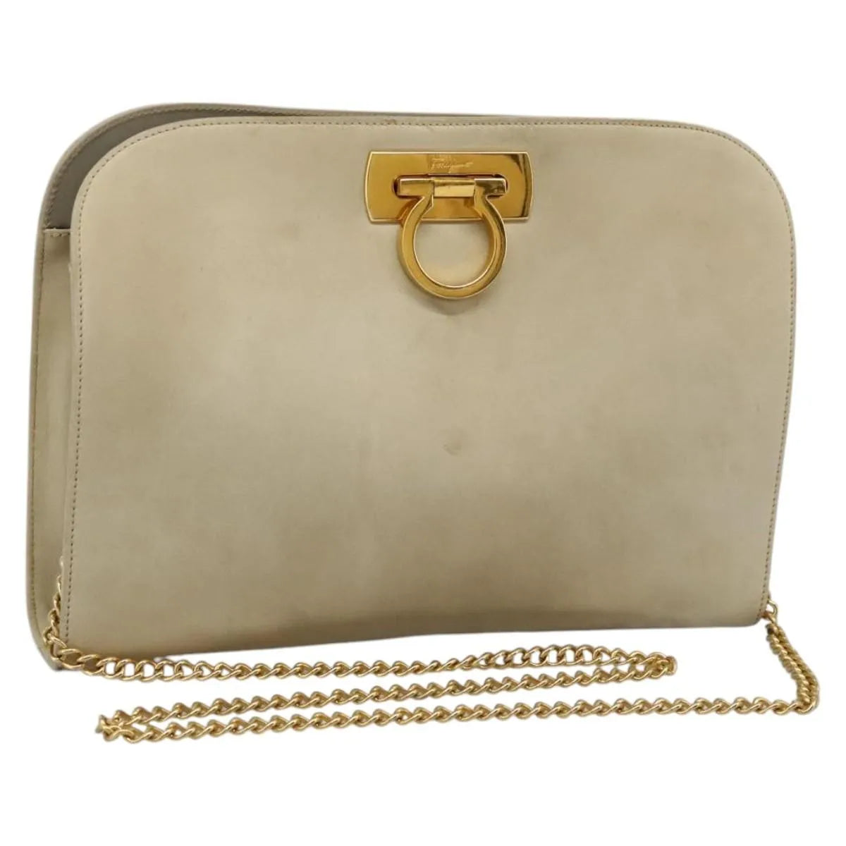 Salvatore Ferragamo Gancini Chain Leather Beige Suede Shoulder Bag Bag (Pre-Owned)