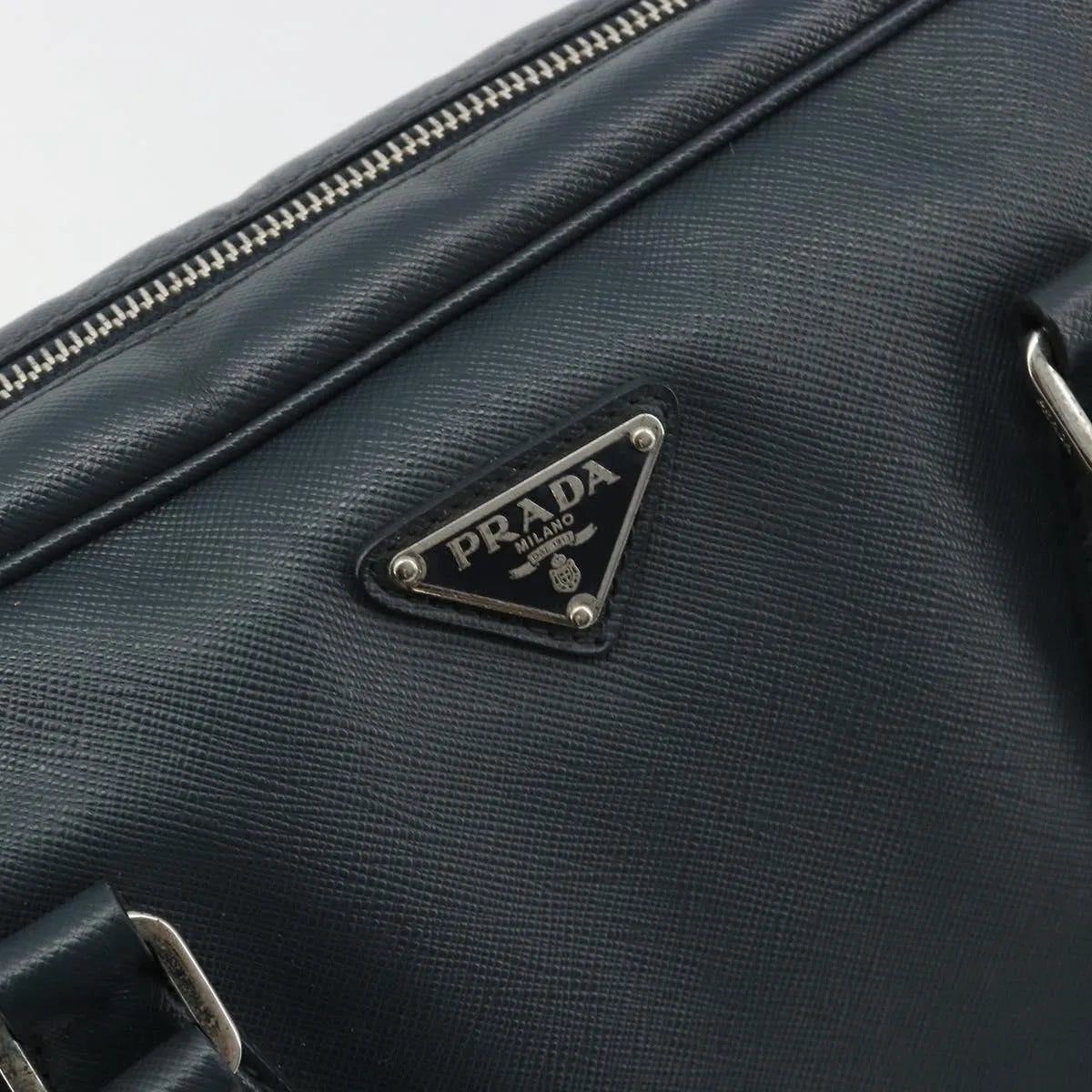 Prada Zip Around Saffiano Leather Navy Leather Briefcase Bag (Pre-Owned)