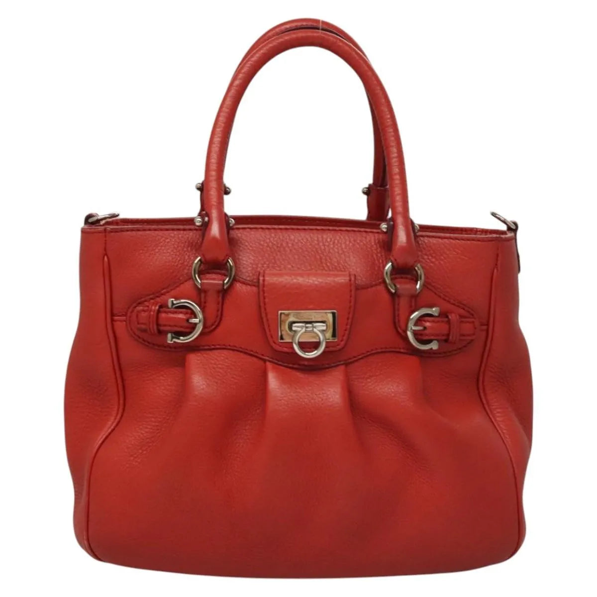 Salvatore Ferragamo Gancini Handle Tote Leather Red Leather Handbag (Pre-Owned)