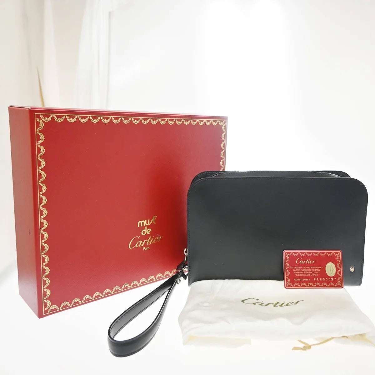 Cartier Pouch With A Handle Box Calf Black Leather Clutche & Pouche Bag (Pre-Owned)