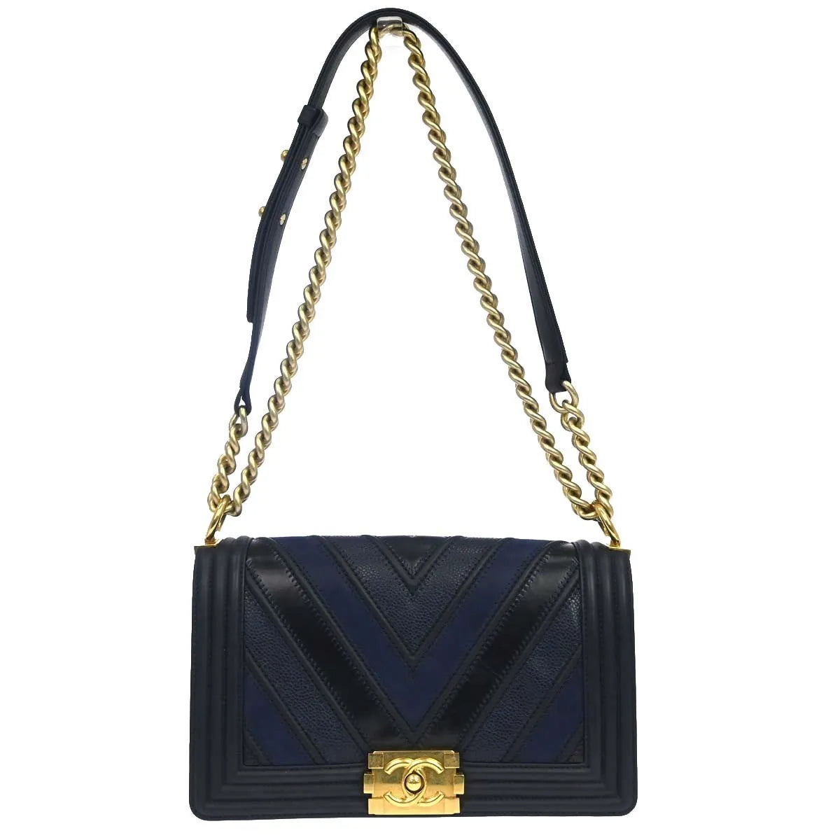 Chanel Boy Flap Chevron Caviar And Calfskin Navy Leather Shoulder Bag Bag (Pre-Owned)