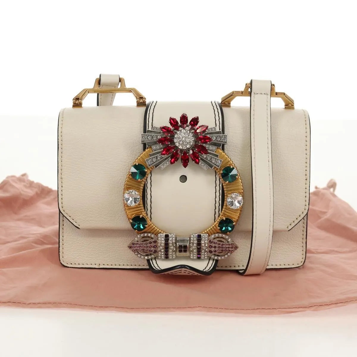 Miu Miu Madras Crystal Buckle Leather White Leather Shoulder Bag Bag (Pre-Owned)