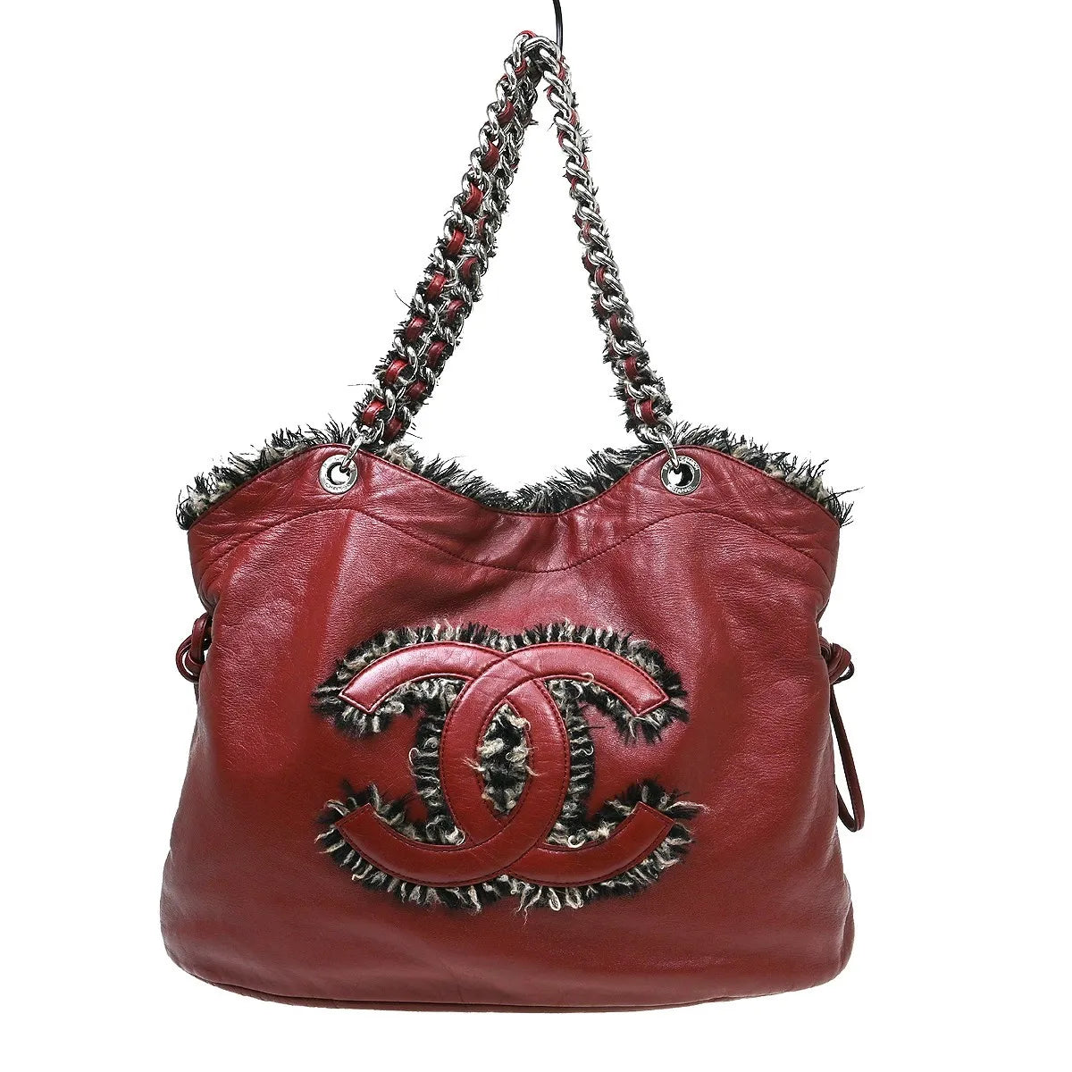 Chanel Funny Tweed Bon Bon Tote Lambskin Burgundy Leather Tote Bag Bag (Pre-Owned)