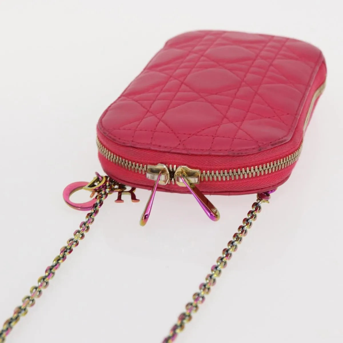 Christian Dior Lady Dior Phone Holder On Chain Cannage Quilt Lambskin Pink Leather Clutche & Pouche Bag (Pre-Owned)
