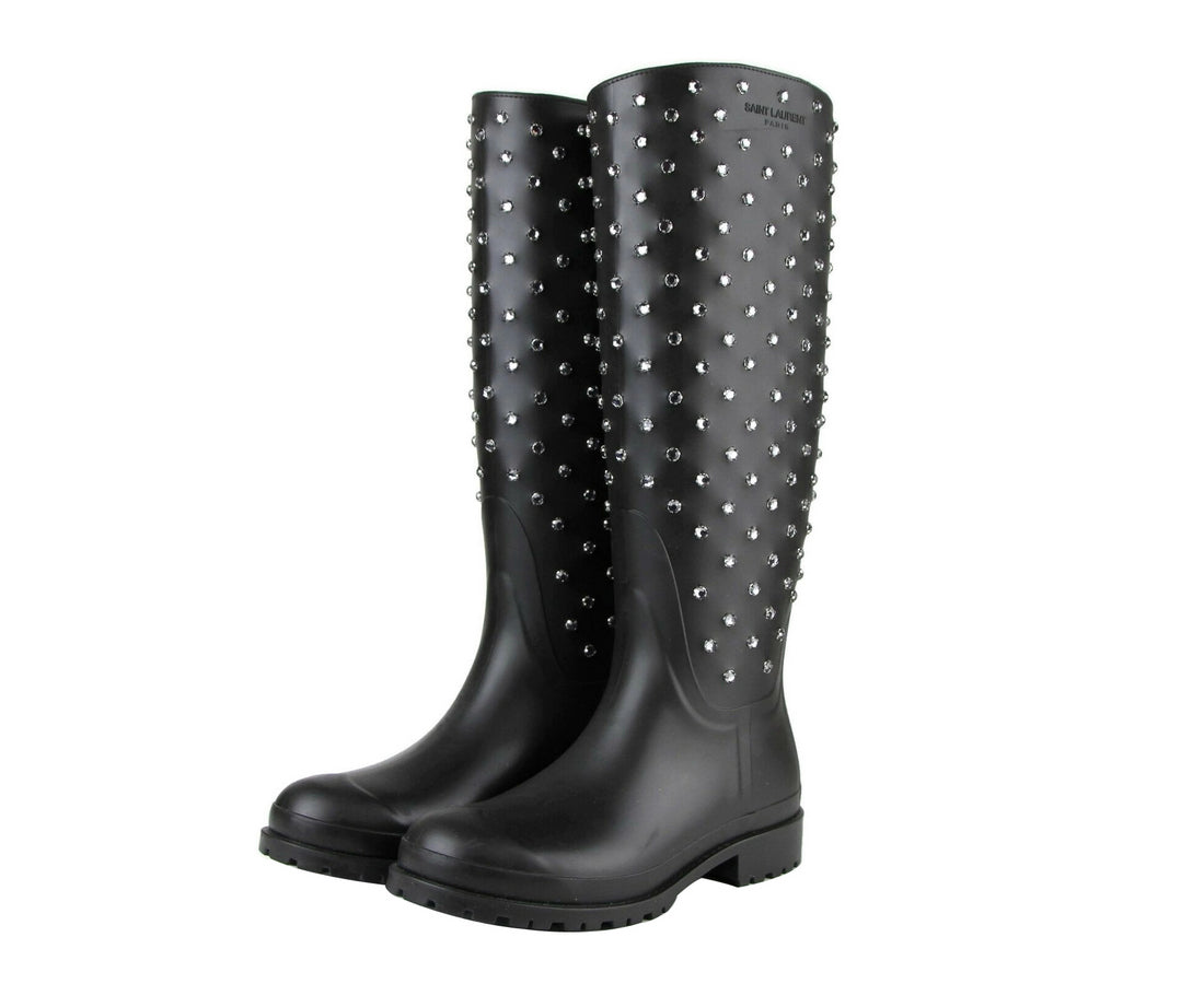 Saint Laurent Women's Black Rubber Rain Boots With Crystal Studs (35 EU / 5 US)