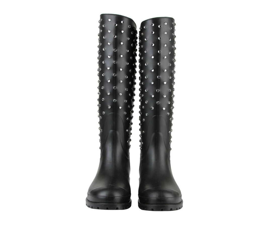 Saint Laurent Women's Black Rubber Rain Boots With Crystal Studs (35 EU / 5 US)