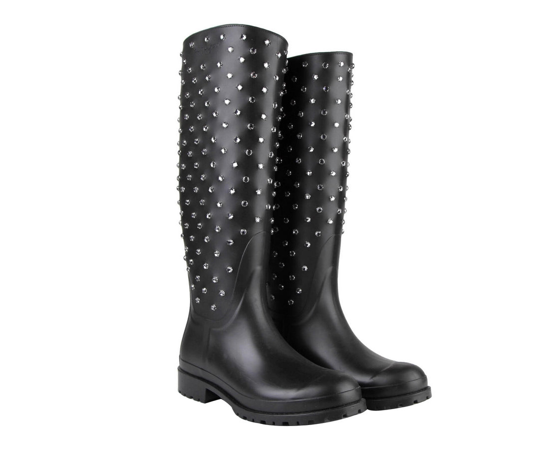 Saint Laurent Women's Black Rubber Rain Boots With Crystal Studs (35 EU / 5 US)